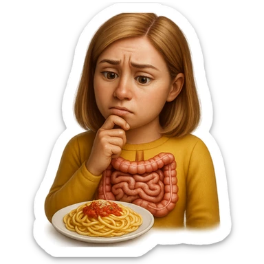 donna che guarda pensierosa con intestino in evidenza un piatto di pasta, stile emoji iphone, iperrealistico 4k sticker