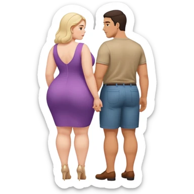 big butt pale bottomless plus-sized woman is standing backwards when a skinny latin guy touches her butt sticker