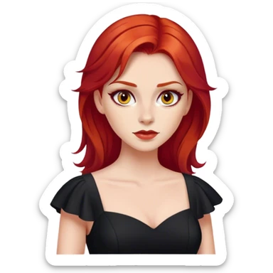 a woman with red hair and red eyes. The woman wear a black  dress sticker
