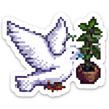 pixel art of a dove carrying an olive branch, with 'NGO' text sticker