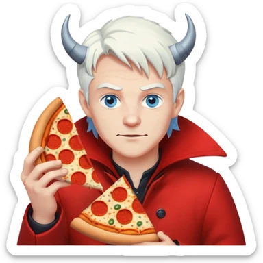 A devil hunter with blue eyes and white middle hair in red coat and eats pizza sticker
