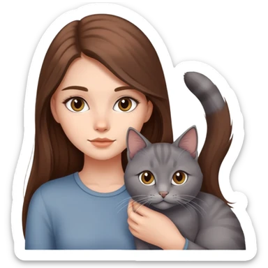 güzel uzun kahverengi saçlı kız ve gri kedisi sticker