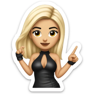 Emoji of Kylie Jenner with blonde hair in a black lether outfit with bra inside confidently pointing forward with a stylish, influencer vibe pointing forward with finger sticker