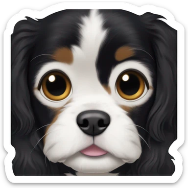 A small completely black Cavalier King Charles Spaniel mix with black, wavy fur, white markings on the chest and muzzle, expressive eyes, and a fluffy tail. sticker