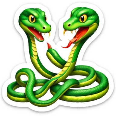 Two angry looking green snakes, tangled up at their tails, facing each other, hissing  sticker