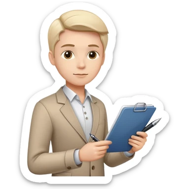 a person holding a checklist and pen, wearing smart casual clothing. The character is in a focused pose sticker