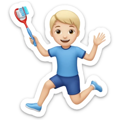 Creat an emoji for kid jumping and holding toothbrush sticker