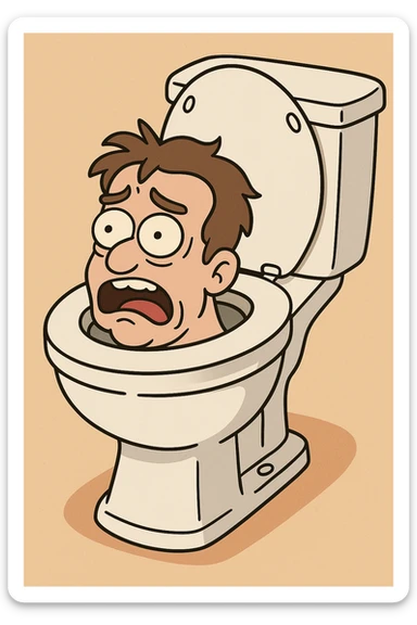 a man's head stuck in a toilet, silly, cartoon style sticker