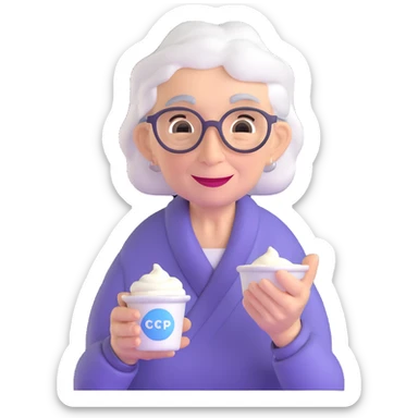 elderly woman offering yogurt sticker