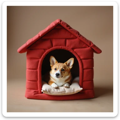 realistic red dog house with a Corgi dog inside, Corgi with a pillow, photorealistic style sticker