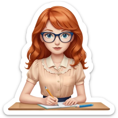 redheaded woman with long wavy hair and bangs, blue eyes, clear cat-eye glasses, short-sleeve apricot blouse, pencil skirt, holding a pencil sticker