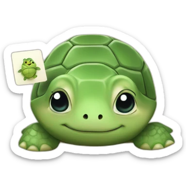 A cute little turtle with a card asking people to calm down sticker