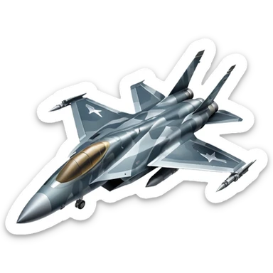 Draw a modern fighter jet with sharp wings, camo design & missiles mounted. sticker