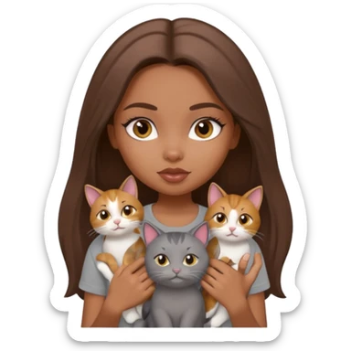 a pretty bratz dusky girl with long brown hair with four cats nd wearing a grey tshirt sticker