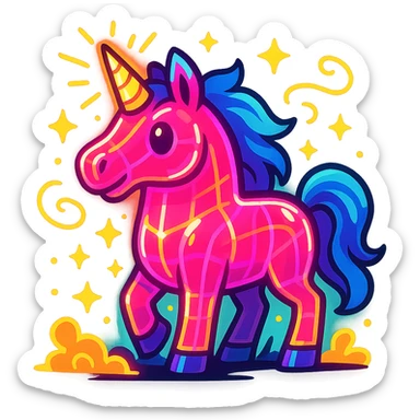 neon pink unicorn with a glass cannon, vibrant, glowing, fantasy sticker