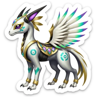 Colorful Shiny Tribal Skeletal masked armored Meloetta-Silvally-Solgaleo-Raikou-Pokémon-Digimon-Fakémon-fusion-hybrid-creature, full body sticker