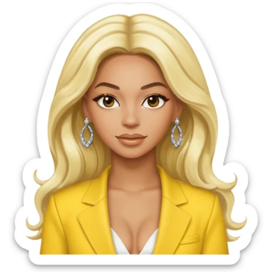 Beyonce with long platinum blonde hair, yellow outfit and earring sticker