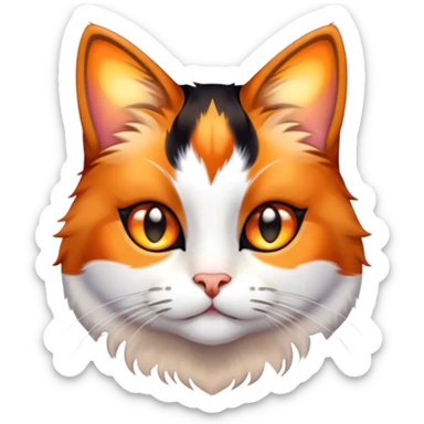 Cinematic Cute Calico Cat Portrait Emoji, Head tilted playfully with sparkling, inquisitive eyes and a charming patchwork fur of orange, black, and white, simplified yet irresistibly adorable, highly detailed, glowing with a warm, inviting glow, high shine, bubbly and affectionate, styled with a touch of whimsical feline charm, soft glowing outline, capturing the essence of a delightfully cute calico cat that looks as if it could prance off the screen into your heart! sticker