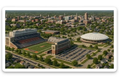 cinematic realistic emoji of Champaign Illinois wide city view with iconic landmarks University of Illinois campus Memorial Stadium State Farm Center downtown Champaign lifelike detail accurate colors bright daytime lighting no sky no clouds no city name label sticker