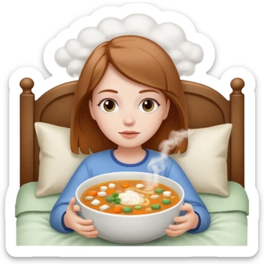 tazita de sopa, pastillas al lado y una chica en una cama sticker