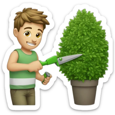 white kid trimming a decorative bush sticker
