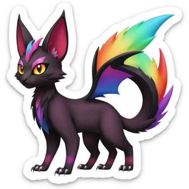Black with rainbow-markings edgy Noivern-Noibat-Purloin-Torracat-Lykoi-Caracal-cat-Fakemon-fusion-hybrid-creature sticker