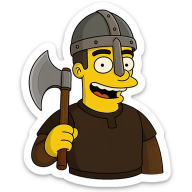 Regenerate the image keeping the same angle, facial expression, and size proportions, but add a medieval axe and helmet to the character. Maintain the Simpsons style with a transparent background. sticker