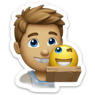 A person holding a box of wood with a beautiful smile will make any wooden product you want, he has a yellow food ball. Blue eyes and skin light beige. sticker