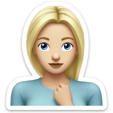 White girl, blonde, with blue eyes, rubs her head whith hands on which there are onion sprouts sticker