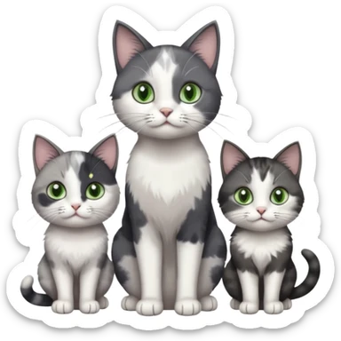 3 different coloured small cats including a dark grey and white, and a patchy calico and a completely solid dark grey with green eyes and only white paws sticker