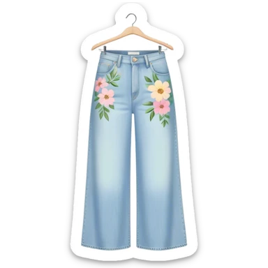 light wash denim wide leg jeans with pastel flowers painted on them on hanger sticker