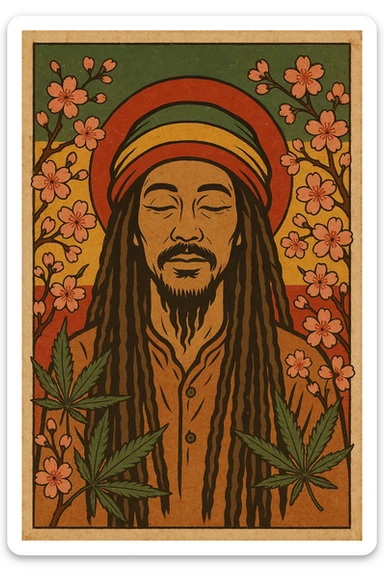 Vintage poster of an Asian Rasta with long dreadlocks, peaceful eyes, and a red-gold-green tam. Surrounded by cherry blossoms and ganja leaves. Background blends Rasta colors into an Asian flag (e.g., red sun from Japan or Chinese star). Retro reggae fusion vibe, with bold lines and aged paper texture.
 sticker