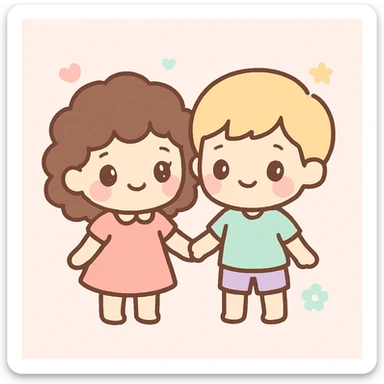 brunette curly haired girl and blonde boy holding hands, cute and cheerful kawaii style sticker