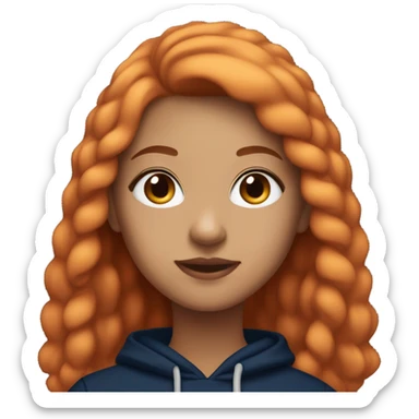 Light skin girl with copper hair and long lashes wearing a navy hoodie sticker