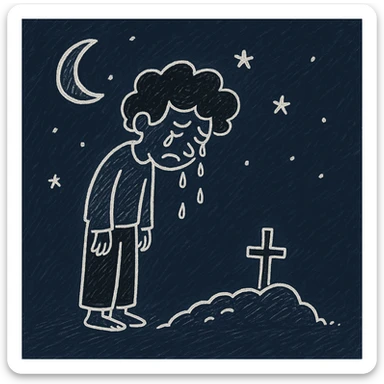 Make the scene night time with a man crying over a grave in the style of hand drawn notion doodles. Emphasize the night setting and emotional tone, preserving the doodle style. sticker