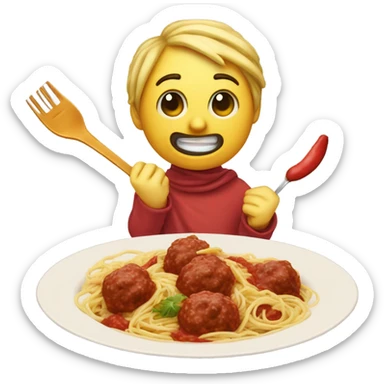 create a crescent, moon, eating spaghetti while smiling with red sauce and meatballs with a spoon and a fork and hand and a napkin around his neck sticker