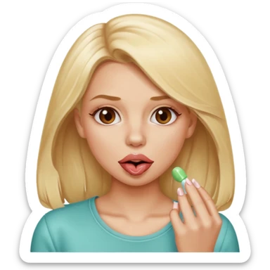Elle fais une peu petasse, elle se mord le coin la lèvres. Elle est blonde. Ongles vernis marrons. Elle mâche un chewing-gum  sticker