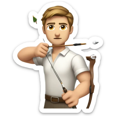 a male archer aiming with a bow facing  his target, eyes closed, wearing a white shirt, very short brown hair, bright skin sticker