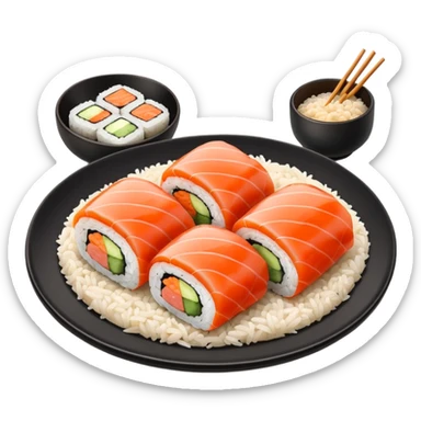Sushi chicken rolls rice outside restaurant plate sticker