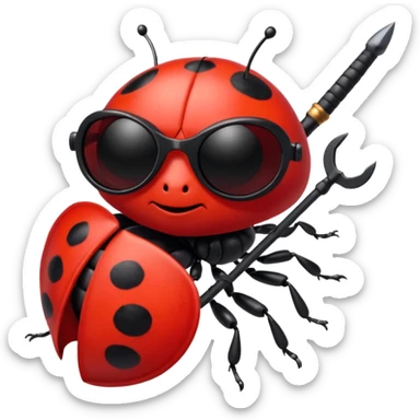 an evil ladybug with dark sunglasses and a weapon sticker