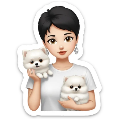 A woman with a base-shaped face, very short black hair, wearing a white T-shirt and large stylish silver earrings, holding a pure white fluffy Pomeranian. sticker
