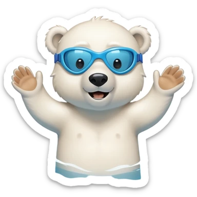 friendly anthropomorphised polar bear swimming freestyle in a pool with excited expression wearing blue swimming goggles sticker