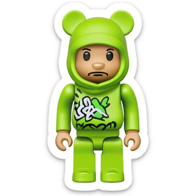 bearbrick toy wearing a lime green balaclava with graffiti style artwork sticker