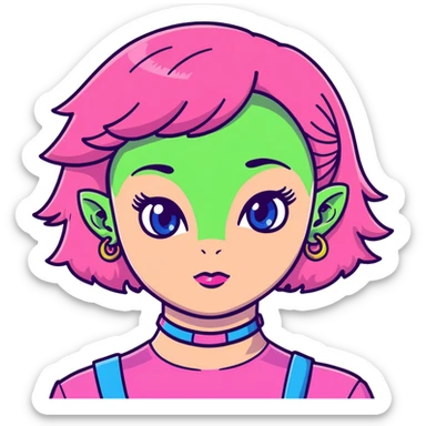 girl with blue eyes, pink makeup, narrow eyebrows, earrings, green alien head choker, black and pink blouse, curly shoulder-length hair, half hot pink half ginger, short straight baby bangs sticker