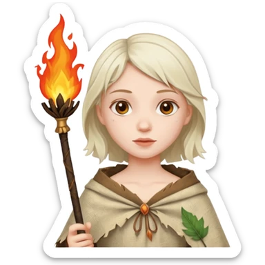 ancient european girl, tattered leaf cloth, hold fire stick sticker