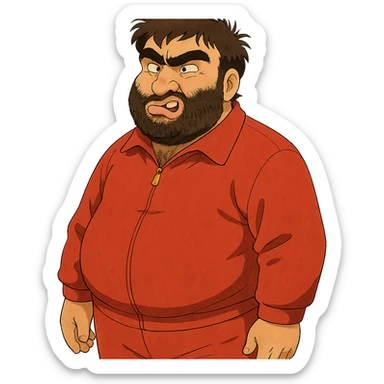 Recep İvedik, Turkish comedy icon, thick beard, messy hair, red tracksuit, making a funny face, ghibli style sticker