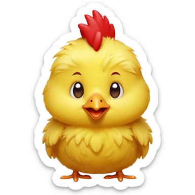 Cinematic Comical Yellow Baby Chicken Portrait Emoji, Head tilted dramatically with an exaggeratedly amused expression, featuring a striking, fluffy yellow downy coat with a tiny quirky red comb, wide, expressive beady eyes filled with playful disbelief, Simplified yet hilariously expressive features, highly detailed, glowing with a slightly sassy glow, high shine, dramatic yet playful, stylized with an air of cheeky mischief, bright and endearing, soft glowing outline, capturing the essence of a spirited and over-the-top chick, so meme-worthy it feels like it could peep its way into internet fame instantly! sticker