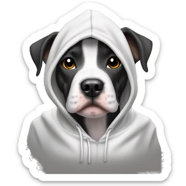 A black and white terrier pit bull wearing a hoodie sticker