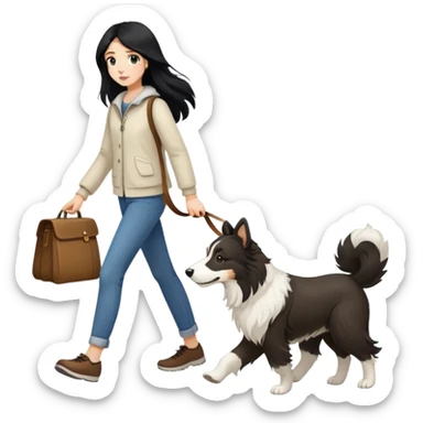 A girl with long black hair walking a white and brown collie sticker