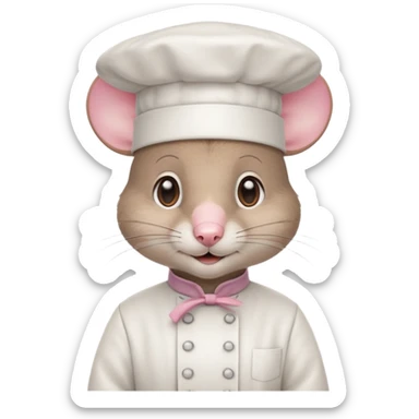 gray mouse with large round ears, brown eyes, and a small pink nose, wearing a white chef’s hat sticker